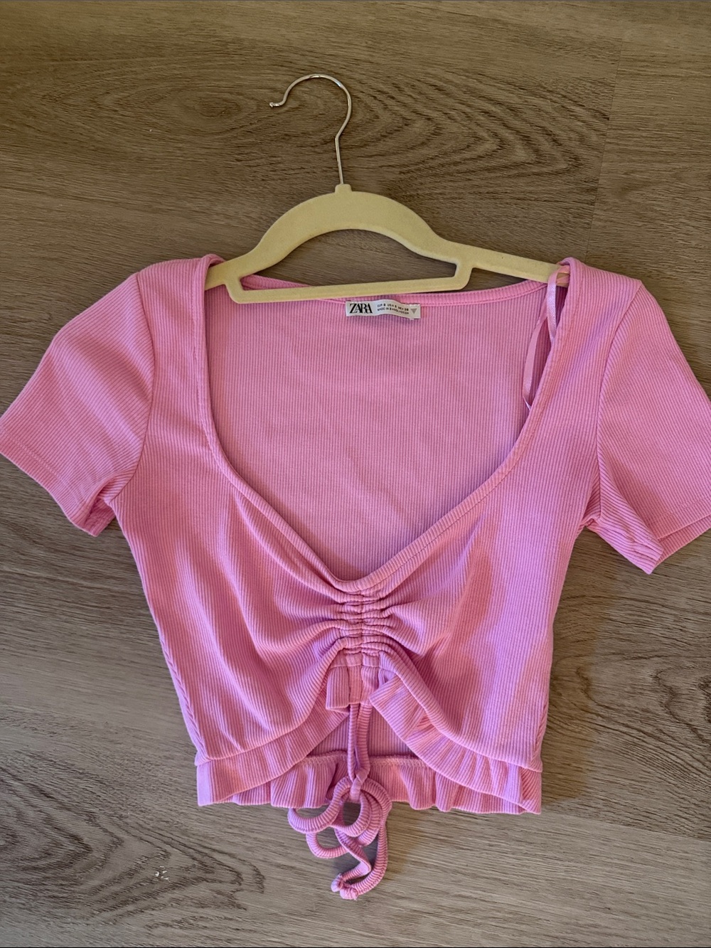 Zara Pink Ribbed Ruched Tie-Front Crop Top